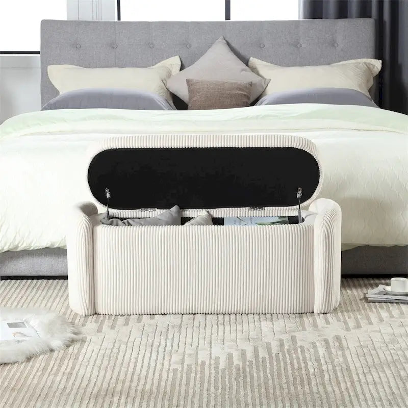 Banc de rangement capitonné en velours côtelé avec couvercle, pouf avec assise rembourrée douce, orange