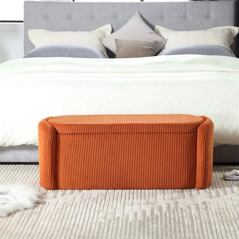 Banc de rangement capitonné en velours côtelé avec couvercle, pouf avec assise rembourrée douce, orange