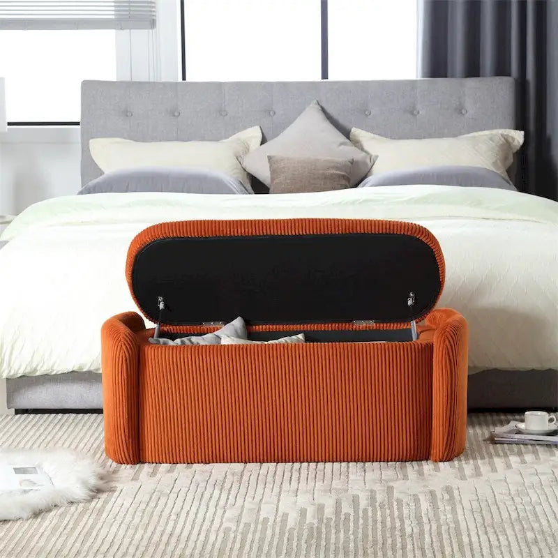 Banc de rangement capitonné en velours côtelé avec couvercle, pouf avec assise rembourrée douce, orange