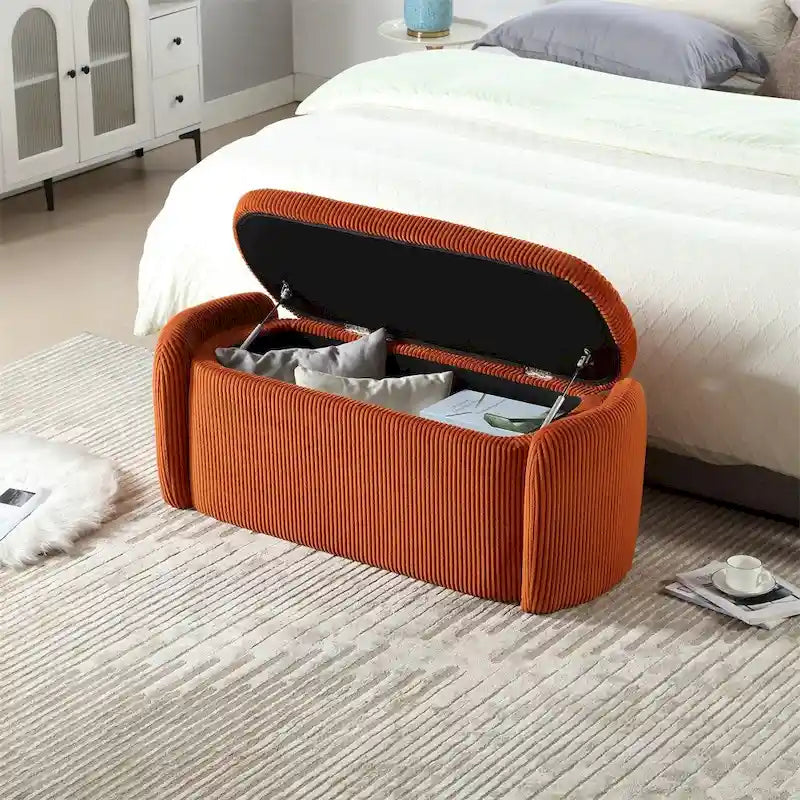 Banc de rangement capitonné en velours côtelé avec couvercle, pouf avec assise rembourrée douce, orange