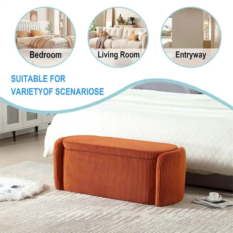 Banc de rangement capitonné en velours côtelé avec couvercle, pouf avec assise rembourrée douce, orange