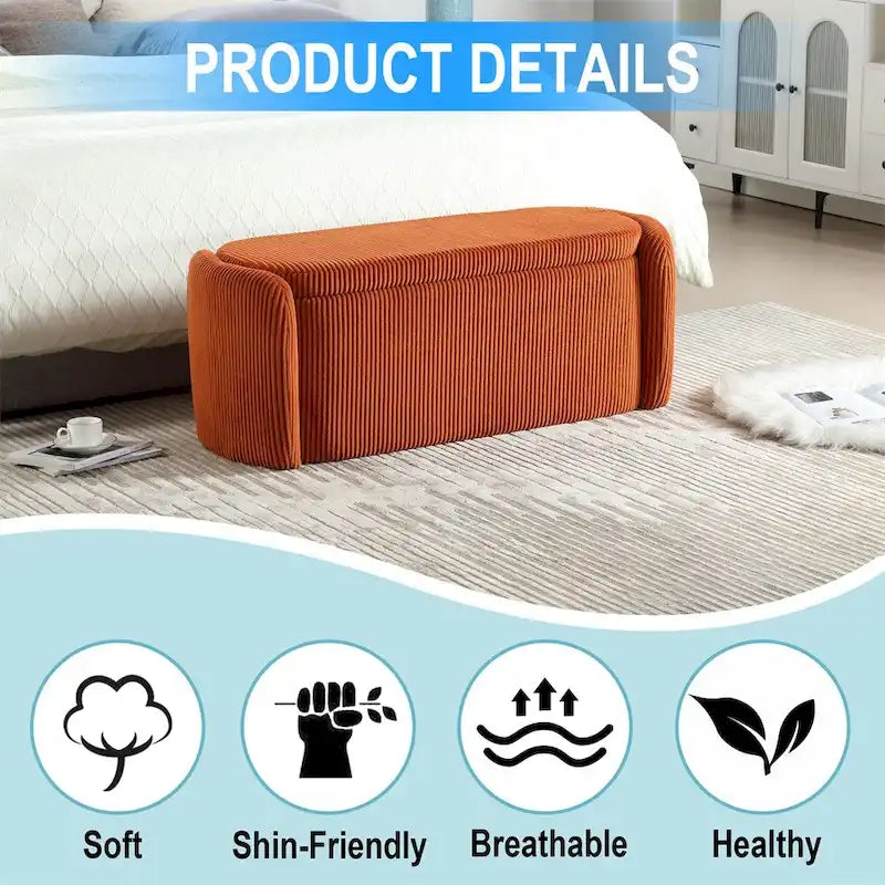 Banc de rangement capitonné en velours côtelé avec couvercle, pouf avec assise rembourrée douce, orange