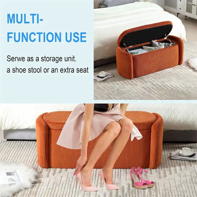 Banc de rangement capitonné en velours côtelé avec couvercle, pouf avec assise rembourrée douce, orange