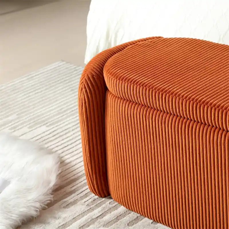 Banc de rangement capitonné en velours côtelé avec couvercle, pouf avec assise rembourrée douce, orange
