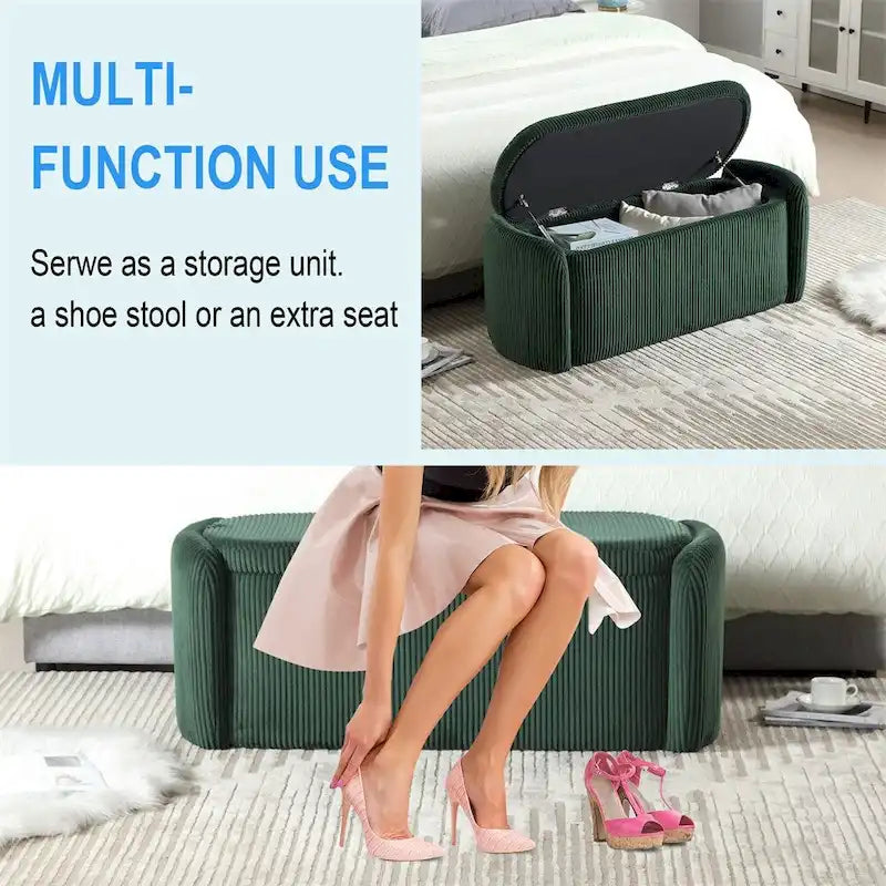 Banc de rangement capitonné en velours côtelé avec couvercle, pouf avec assise rembourrée douce, orange