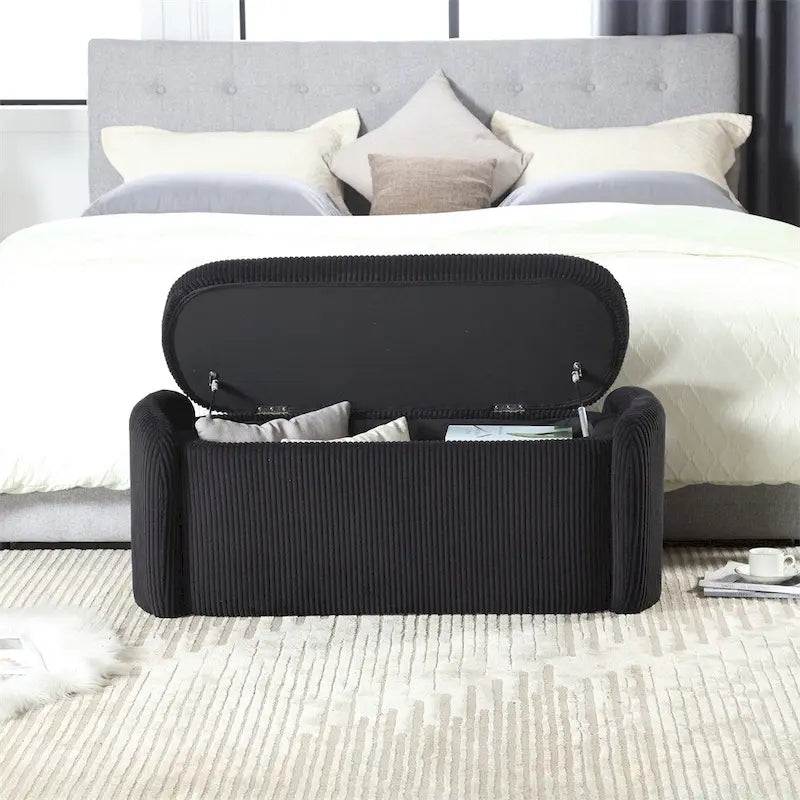 Banc de rangement capitonné en velours côtelé avec couvercle, pouf avec assise rembourrée douce, orange