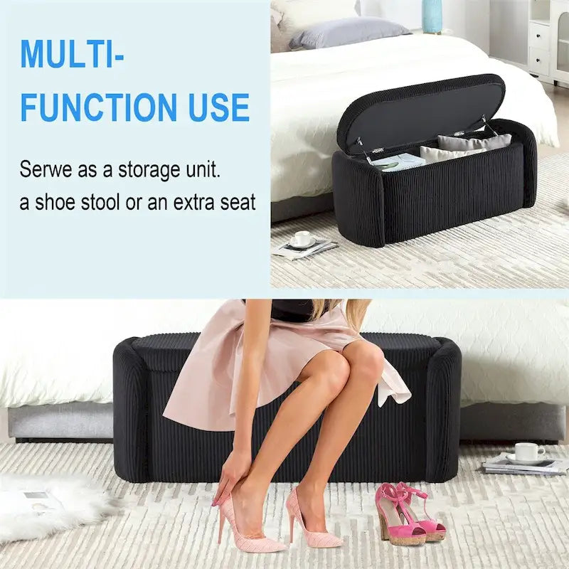 Banc de rangement capitonné en velours côtelé avec couvercle, pouf avec assise rembourrée douce, orange