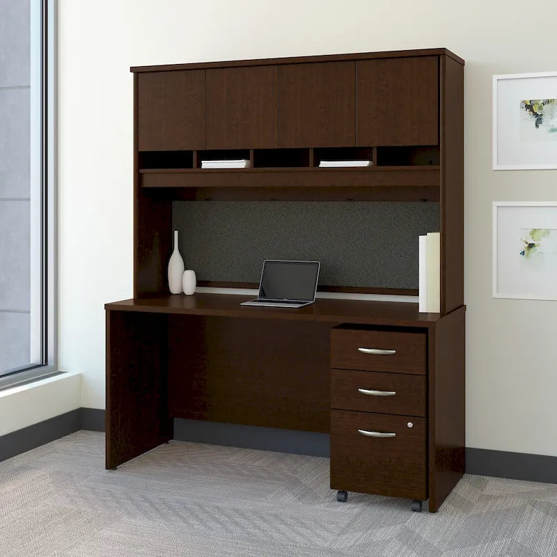 Bureau de 60 W avec huche et classeur mobile en merisier moka