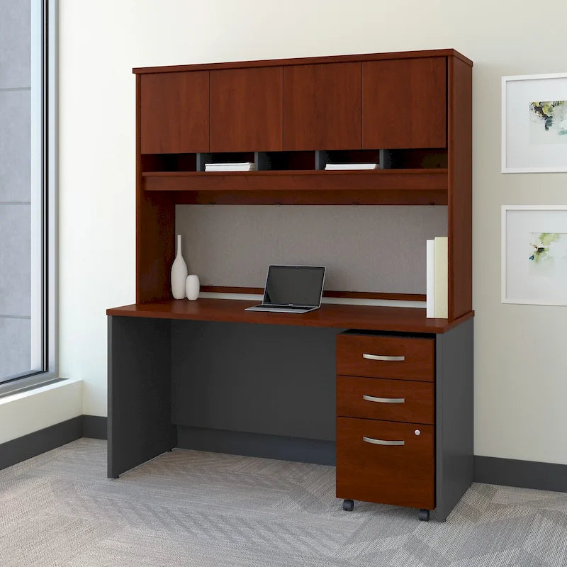 Bureau de 60 W avec huche et classeur mobile en merisier moka