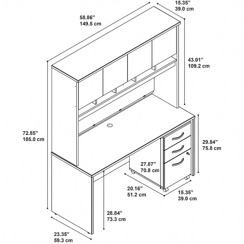 Bureau de 60 W avec huche et classeur mobile en merisier moka