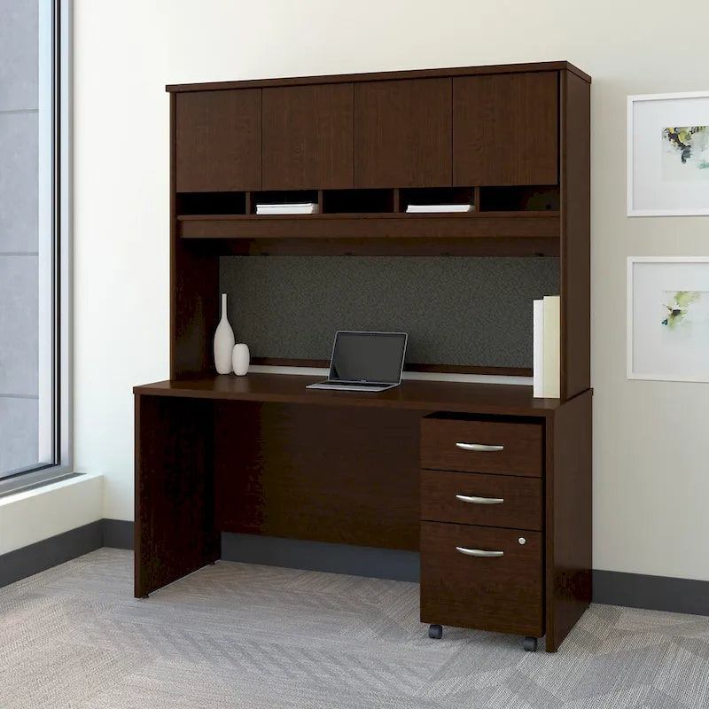 Bureau de 60 W avec huche et classeur mobile en merisier moka