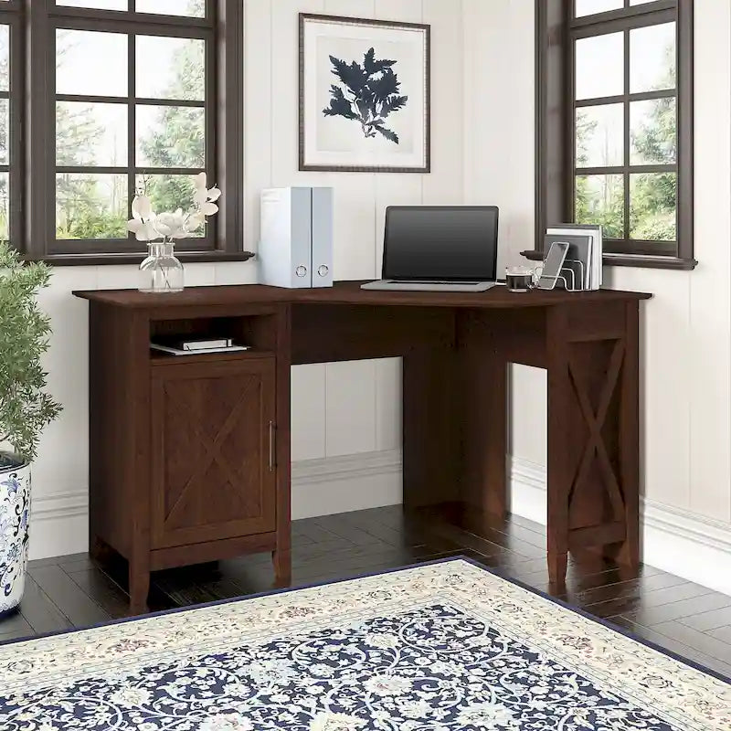 Bureau d'angle informatique 54W avec armoire de rangement et casier ouvert