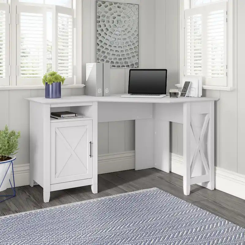 Bureau d'angle informatique 54W avec armoire de rangement et casier ouvert