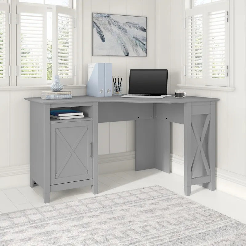 Bureau d'angle informatique 54W avec armoire de rangement et casier ouvert