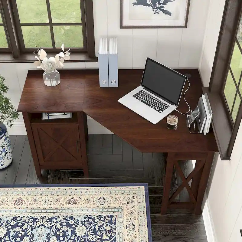 Bureau d'angle informatique 54W avec armoire de rangement et casier ouvert