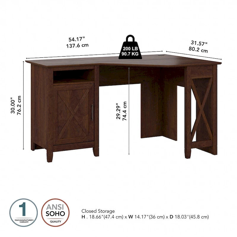 Bureau d'angle informatique 54W avec armoire de rangement et casier ouvert