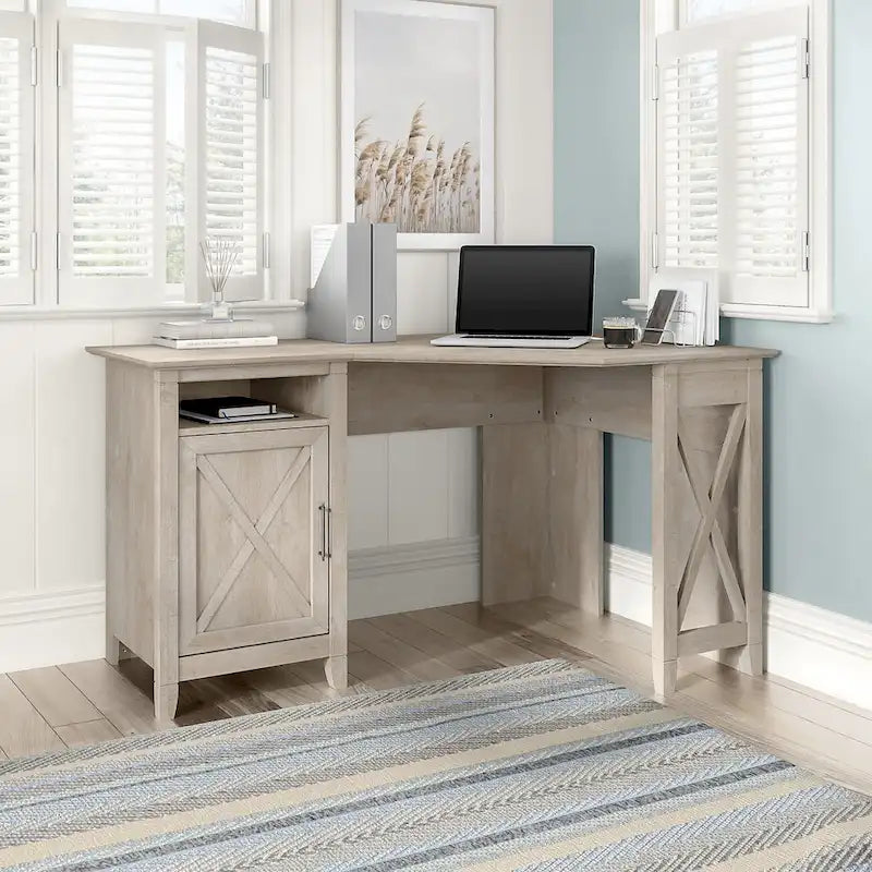 Bureau d'angle informatique 54W avec armoire de rangement et casier ouvert