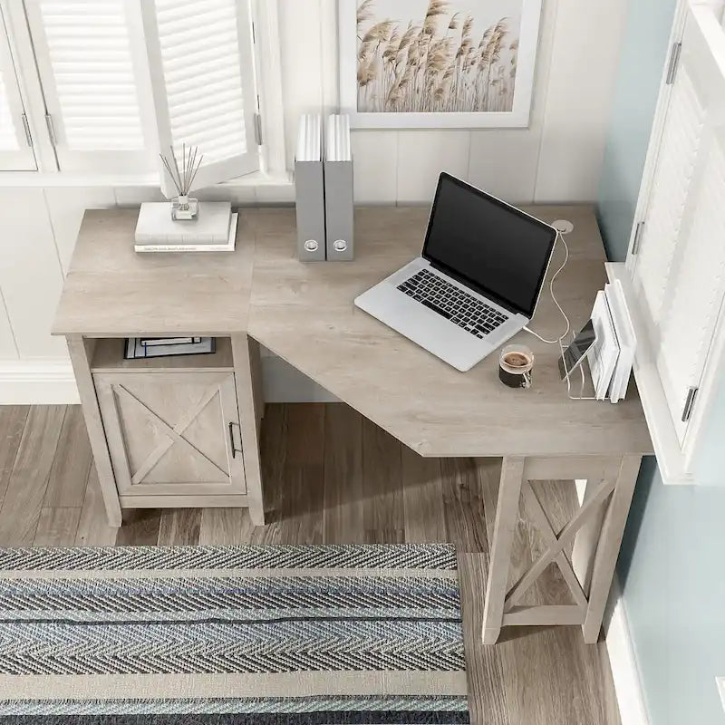 Bureau d'angle informatique 54W avec armoire de rangement et casier ouvert