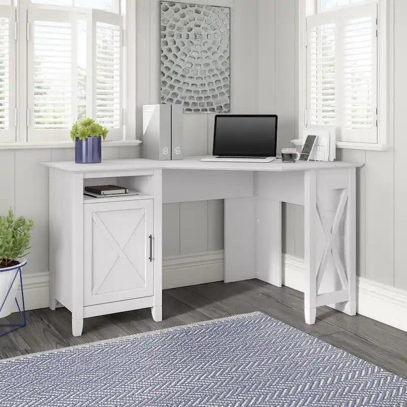 Bureau d'angle informatique 54W avec armoire de rangement et casier ouvert