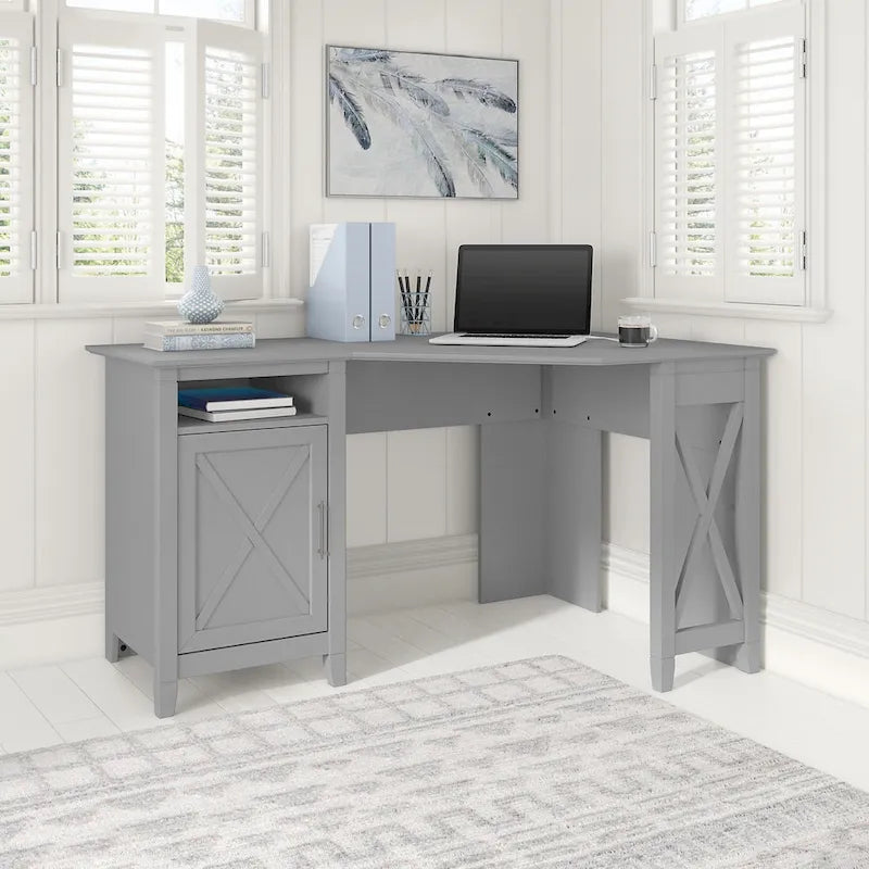Bureau d'angle informatique 54W avec armoire de rangement et casier ouvert