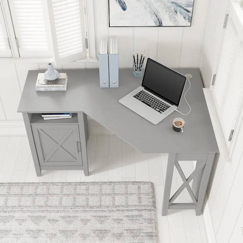 Bureau d'angle informatique 54W avec armoire de rangement et casier ouvert