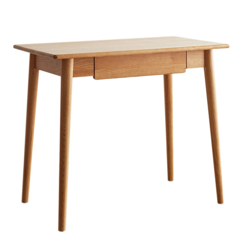 Bureau compact en chêne avec 2 tiroirs et coins arrondis, finition naturelle