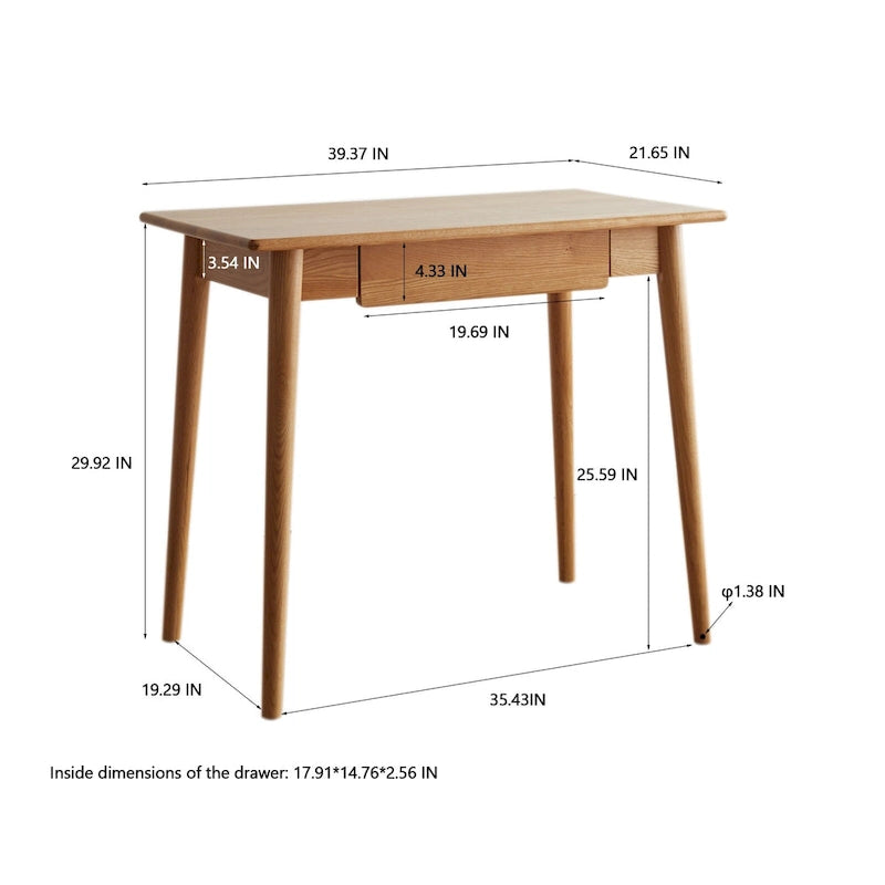 Bureau compact en chêne avec 2 tiroirs et coins arrondis, finition naturelle