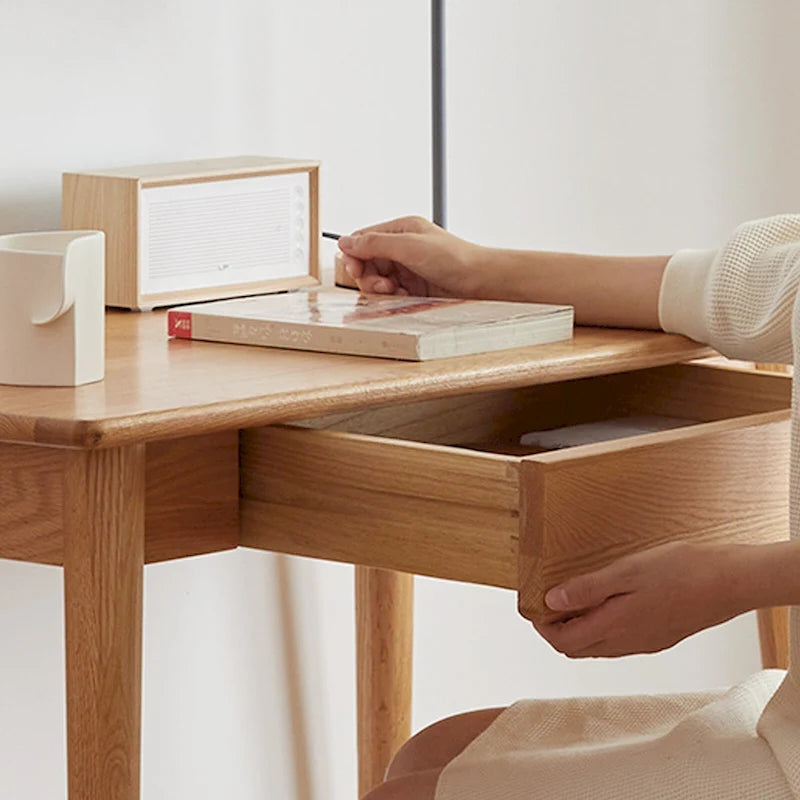 Bureau compact en chêne avec 2 tiroirs et coins arrondis, finition naturelle