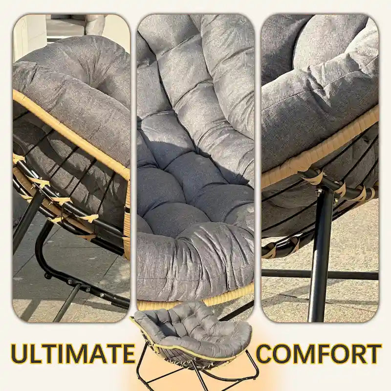 Fauteuil à bascule en rotin tressé gris foncé avec coussins et structure en métal