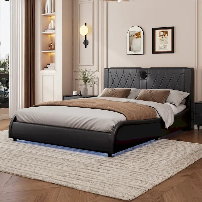 Cadre de lit King Size rembourré avec éclairage LED RVB et haut-parleurs Bluetooth Noir Blanc