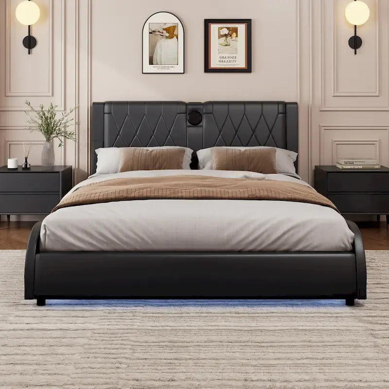 Cadre de lit King Size rembourré avec éclairage LED RVB et haut-parleurs Bluetooth Noir Blanc