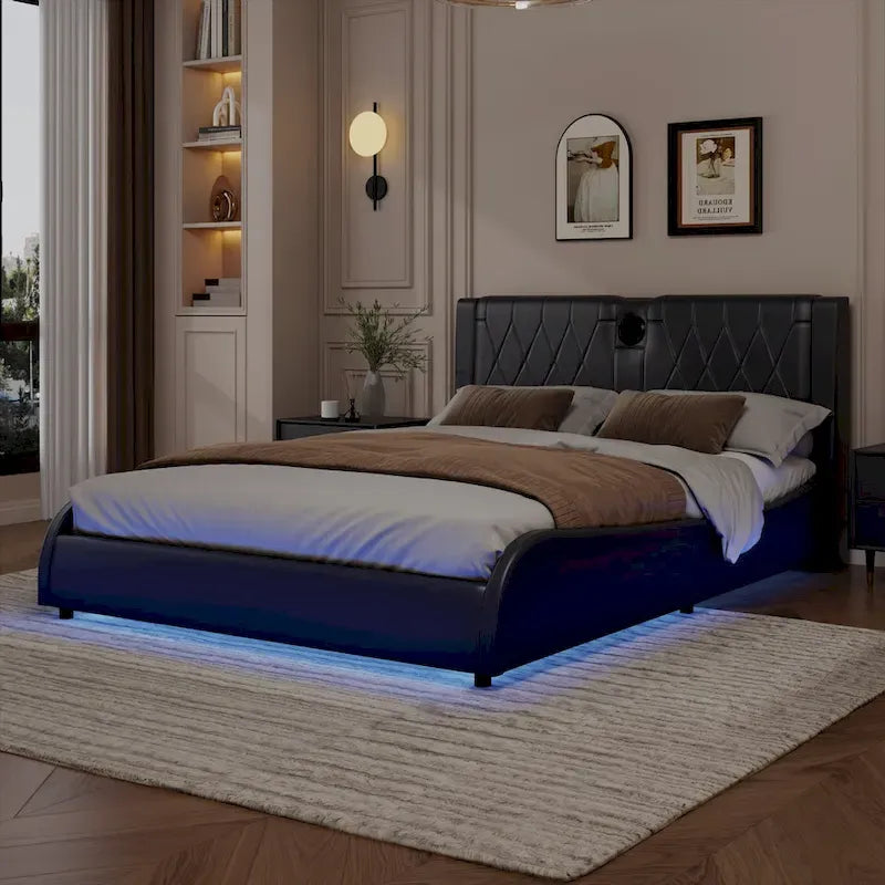 Cadre de lit King Size rembourré avec éclairage LED RVB et haut-parleurs Bluetooth Noir Blanc