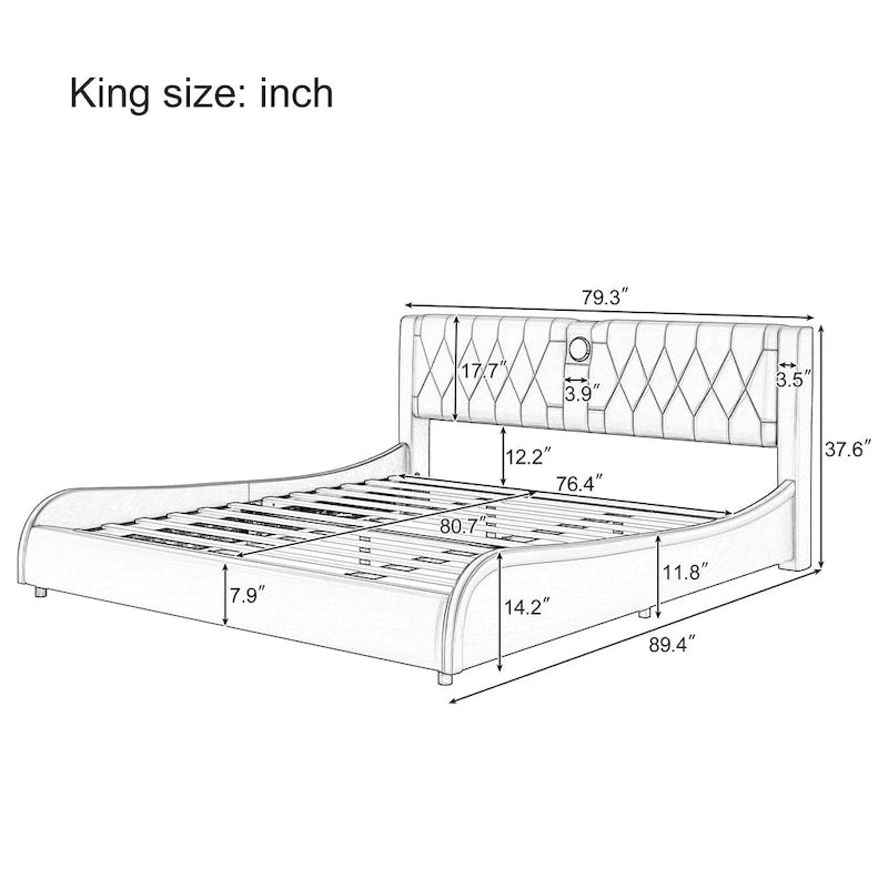 Cadre de lit King Size rembourré avec éclairage LED RVB et haut-parleurs Bluetooth Noir Blanc