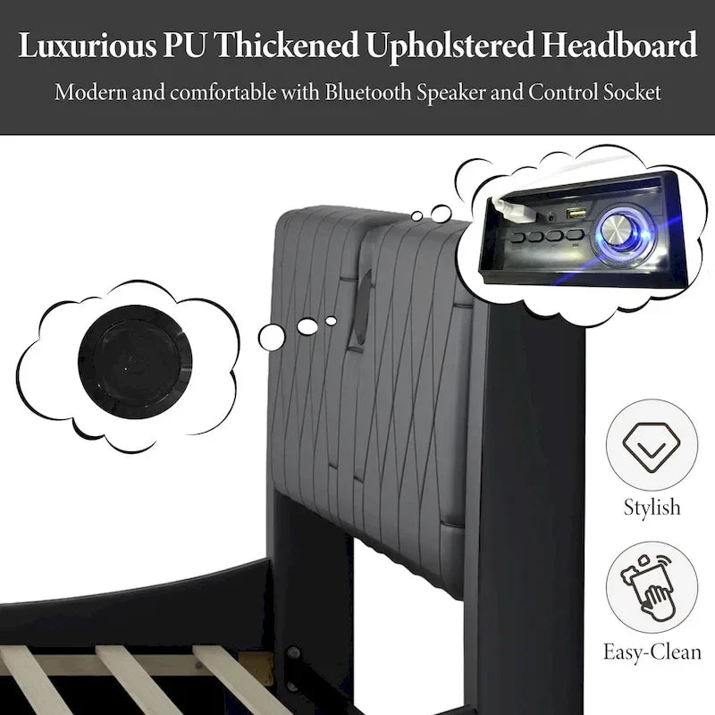 Cadre de lit King Size rembourré avec éclairage LED RVB et haut-parleurs Bluetooth Noir Blanc