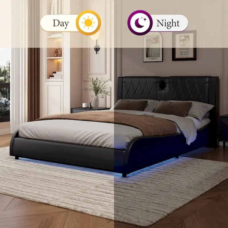 Cadre de lit King Size rembourré avec éclairage LED RVB et haut-parleurs Bluetooth Noir Blanc