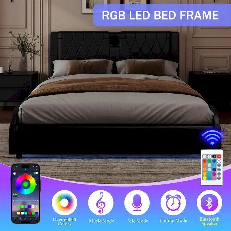 Cadre de lit King Size rembourré avec éclairage LED RVB et haut-parleurs Bluetooth Noir Blanc