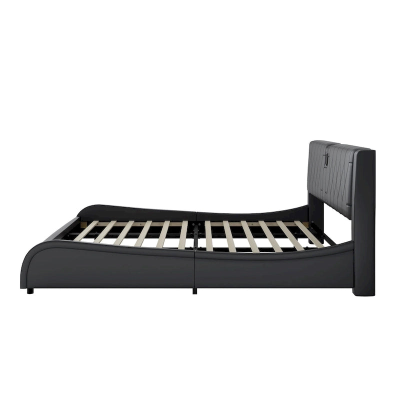 Cadre de lit King Size rembourré avec éclairage LED RVB et haut-parleurs Bluetooth Noir Blanc
