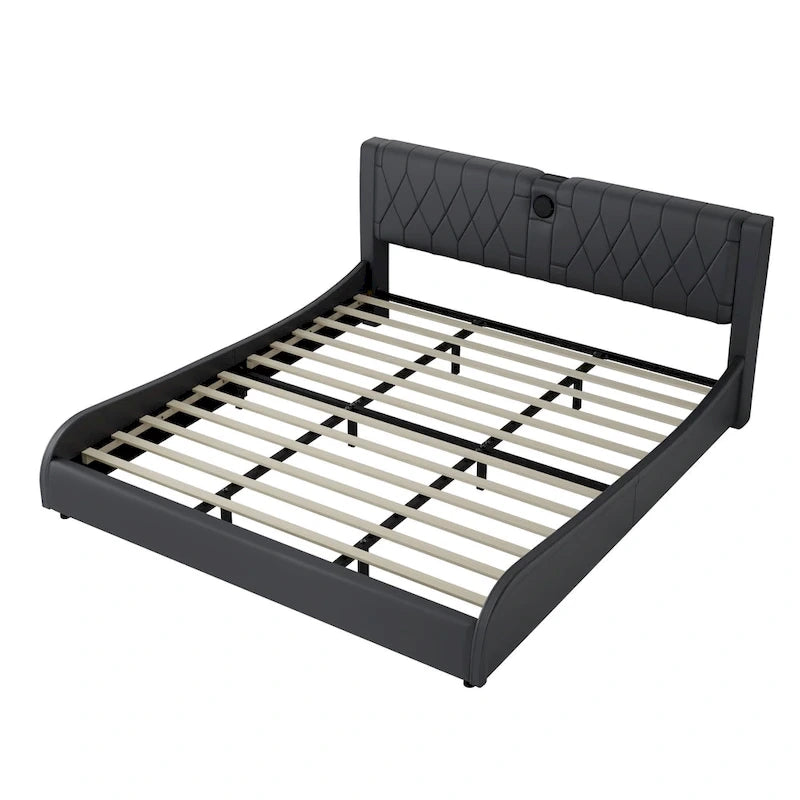 Cadre de lit King Size rembourré avec éclairage LED RVB et haut-parleurs Bluetooth Noir Blanc