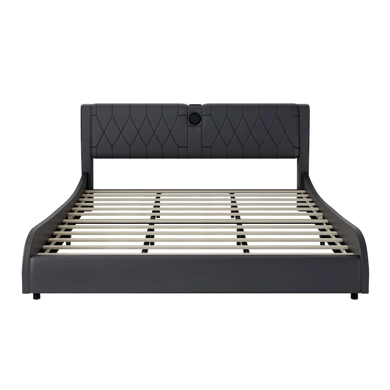 Cadre de lit King Size rembourré avec éclairage LED RVB et haut-parleurs Bluetooth Noir Blanc