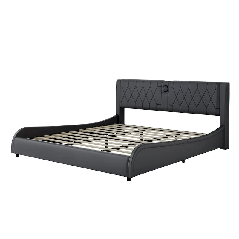 Cadre de lit King Size rembourré avec éclairage LED RVB et haut-parleurs Bluetooth Noir Blanc