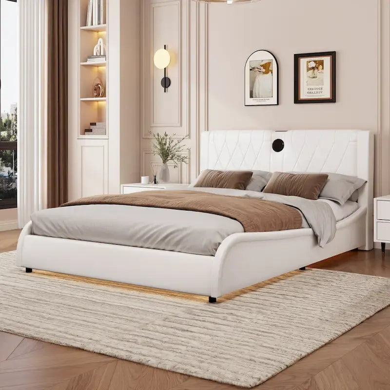 Cadre de lit King Size rembourré avec éclairage LED RVB et haut-parleurs Bluetooth Noir Blanc