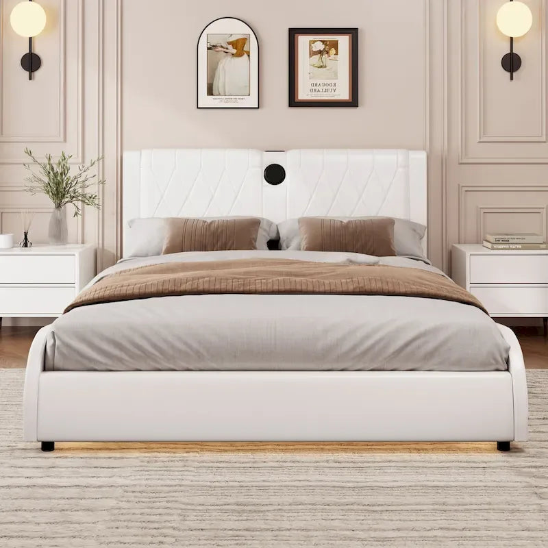 Cadre de lit King Size rembourré avec éclairage LED RVB et haut-parleurs Bluetooth Noir Blanc