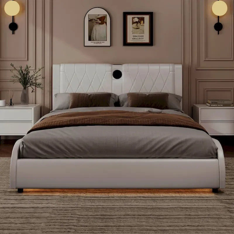 Cadre de lit King Size rembourré avec éclairage LED RVB et haut-parleurs Bluetooth Noir Blanc