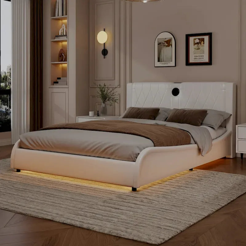 Cadre de lit King Size rembourré avec éclairage LED RVB et haut-parleurs Bluetooth Noir Blanc