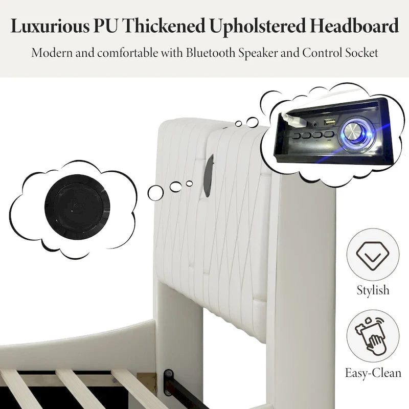 Cadre de lit King Size rembourré avec éclairage LED RVB et haut-parleurs Bluetooth Noir Blanc
