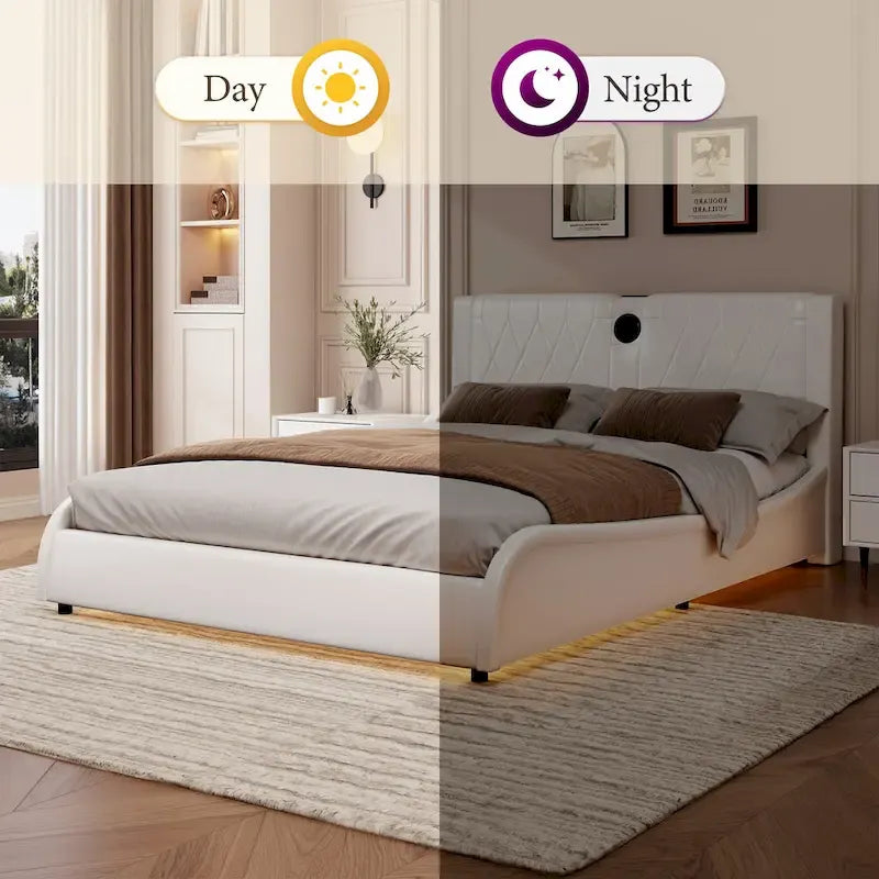 Cadre de lit King Size rembourré avec éclairage LED RVB et haut-parleurs Bluetooth Noir Blanc