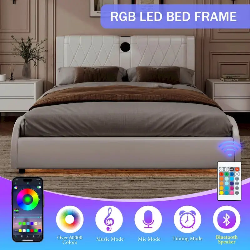 Cadre de lit King Size rembourré avec éclairage LED RVB et haut-parleurs Bluetooth Noir Blanc