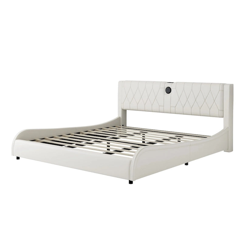 Cadre de lit King Size rembourré avec éclairage LED RVB et haut-parleurs Bluetooth Noir Blanc
