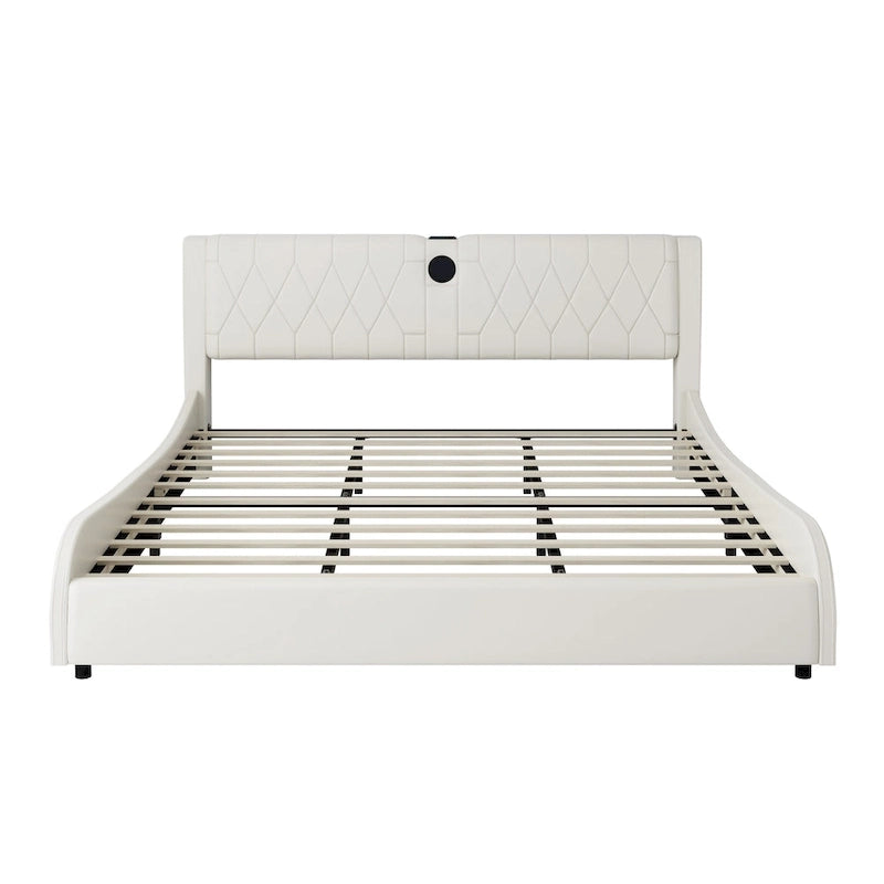 Cadre de lit King Size rembourré avec éclairage LED RVB et haut-parleurs Bluetooth Noir Blanc