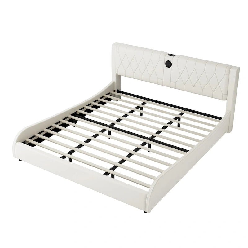 Cadre de lit King Size rembourré avec éclairage LED RVB et haut-parleurs Bluetooth Noir Blanc